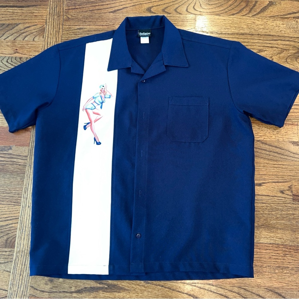 NWOT Be Retro Bowling Concepts Dark Blue Shirt With Sexy Lady Size Large